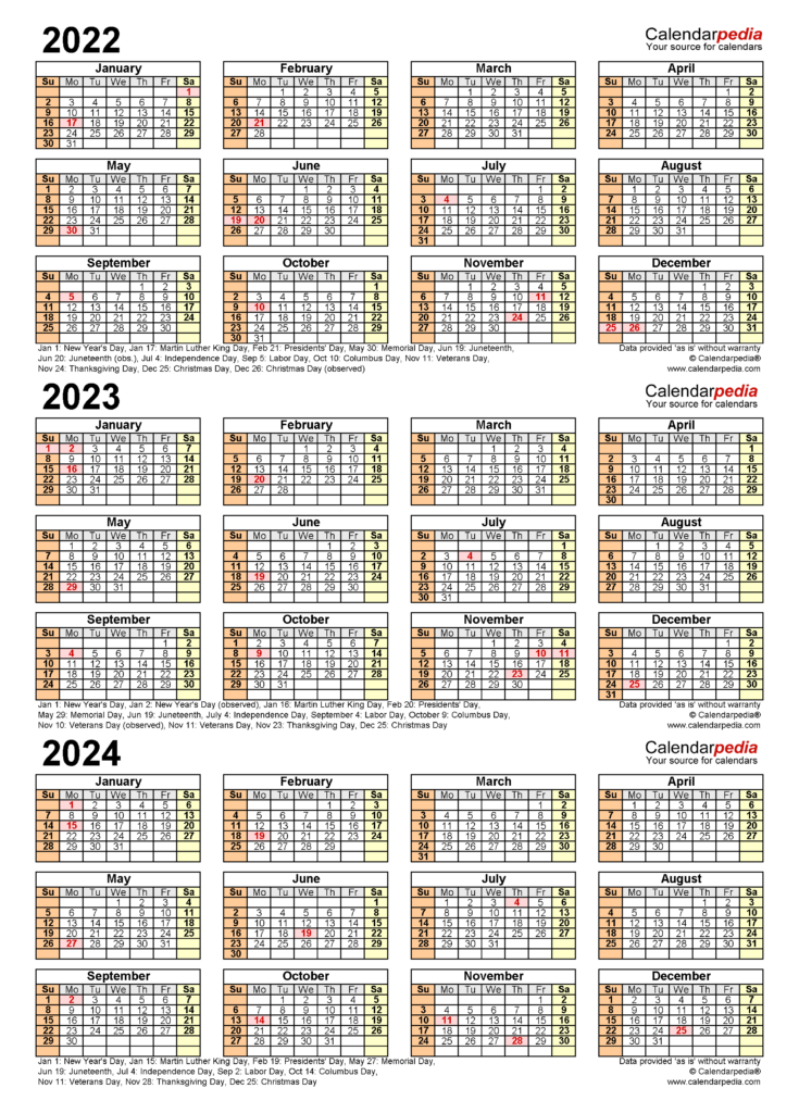 2022 Through 2024 Calendar