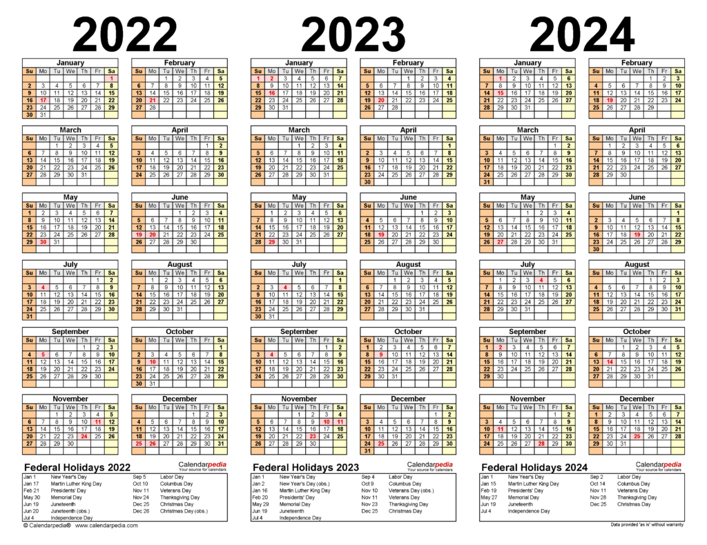 3 Year Calendar 2022 To 2024