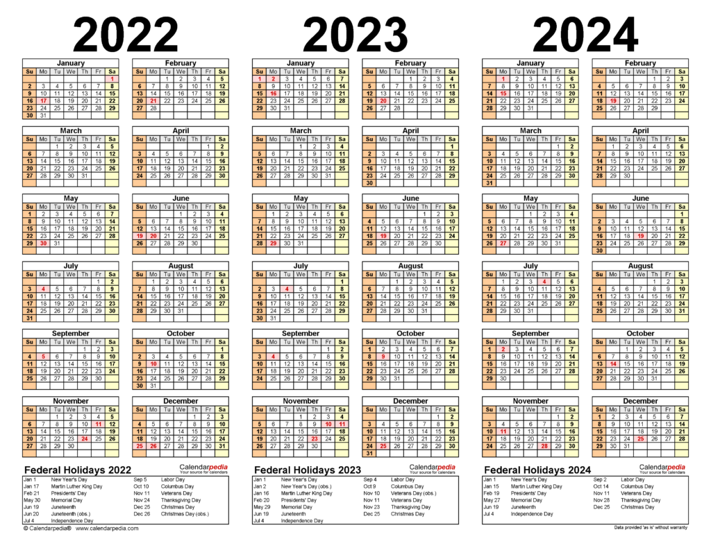 Yearly Calendar 2022 2023 2024