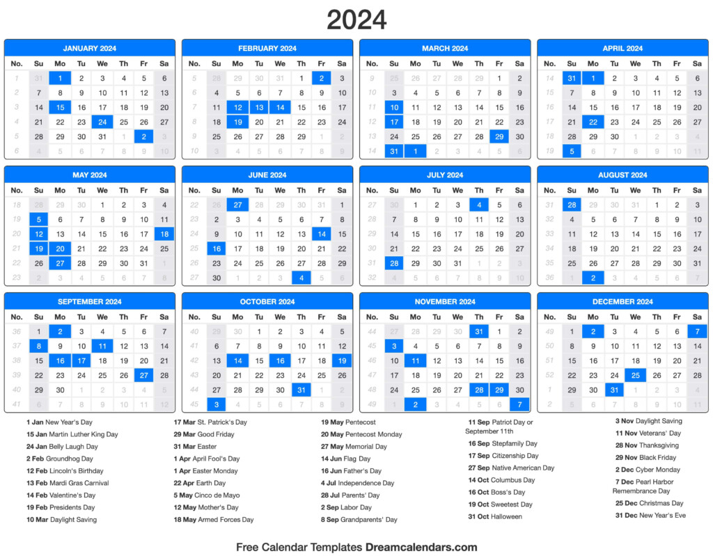 Free Printable 2024 Calendar With Holidays