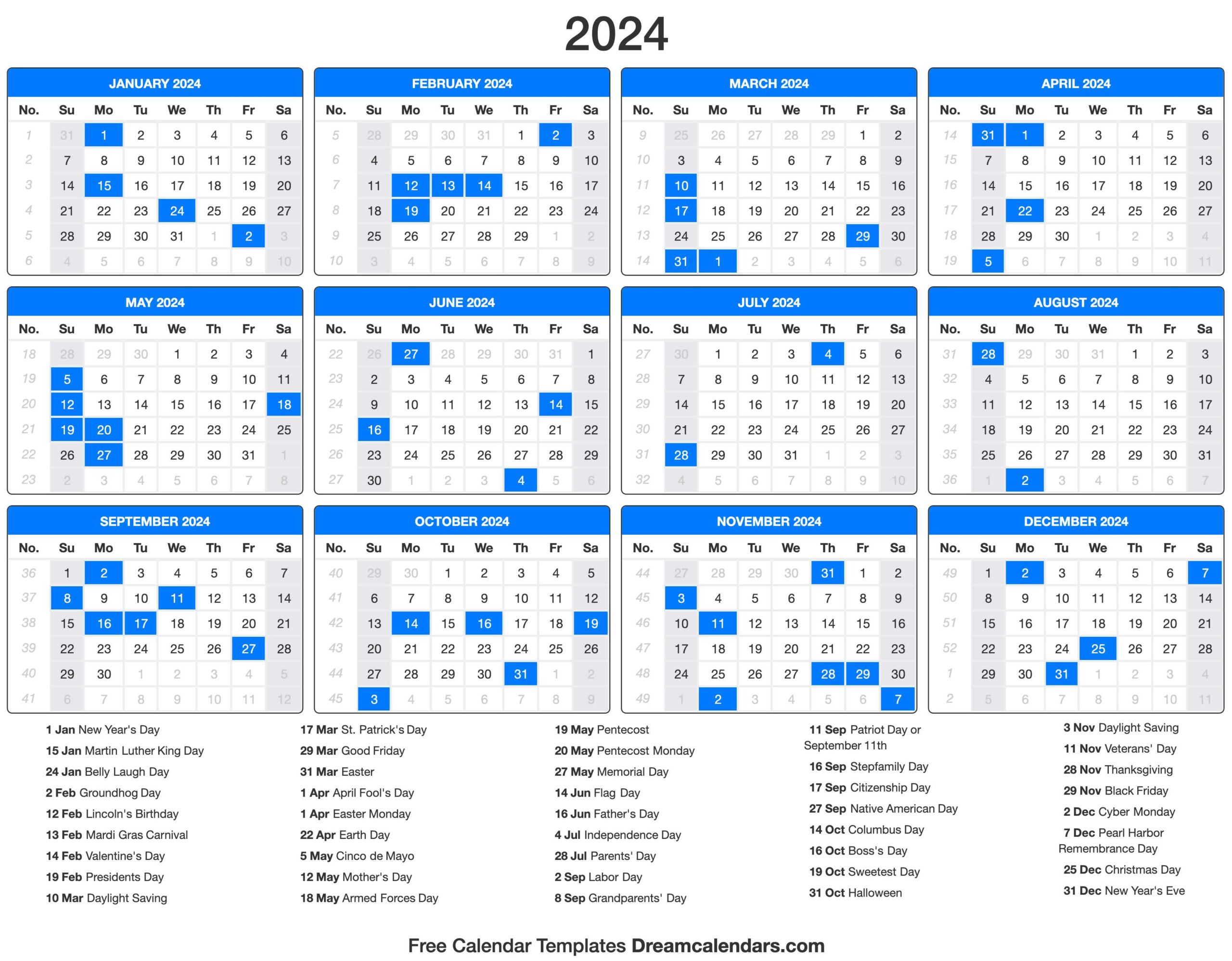Free Printable 2024 Calendar With Holidays And Lines Printable Online