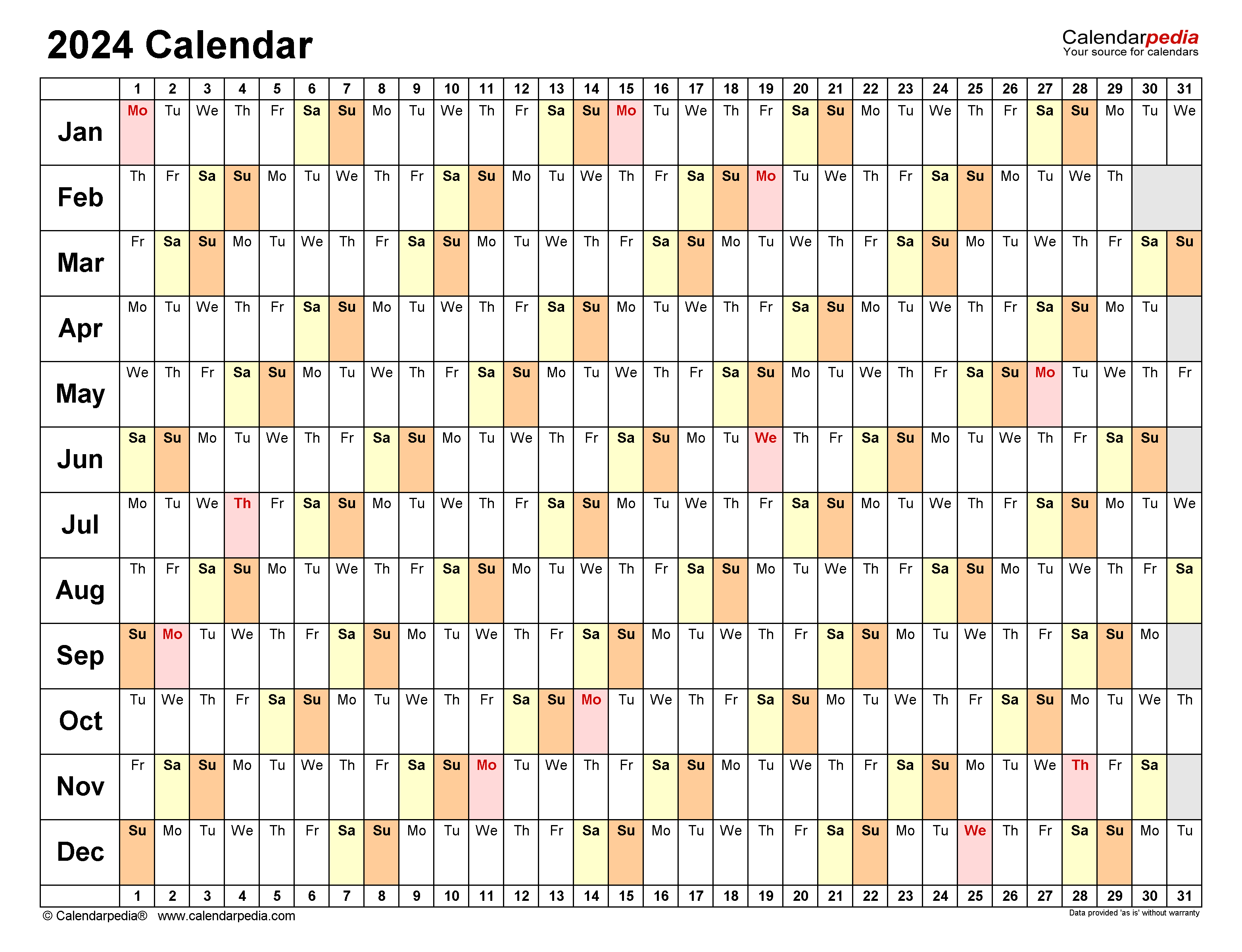 2024 Annual Calendar Excel Download 2024 Calendar 2024 Printable