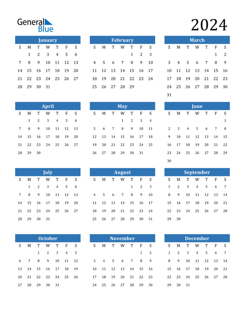 2024 12 Month Calendar