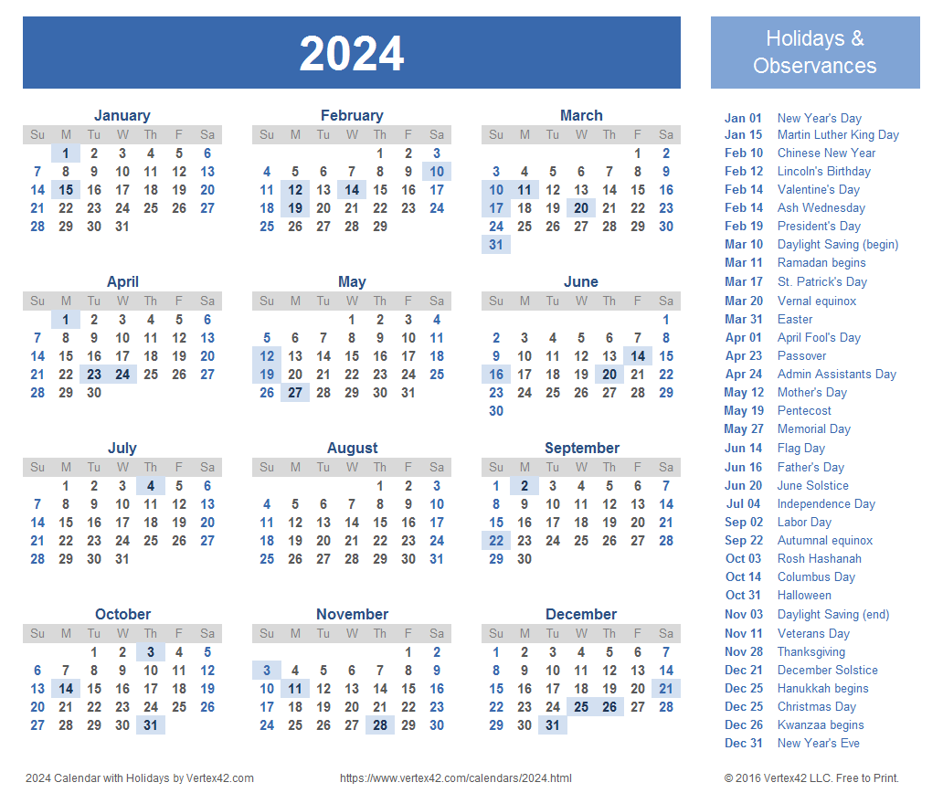 2024 Printable Calendar With Holidays 2024 Calendar Printable