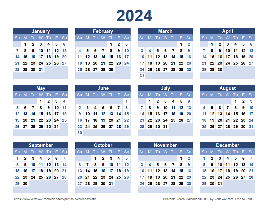 2024 Yearly Calendar Printable Free