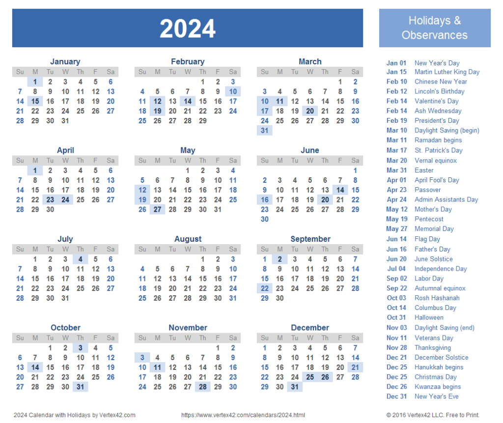 Free 2024 Calendar With Holidays