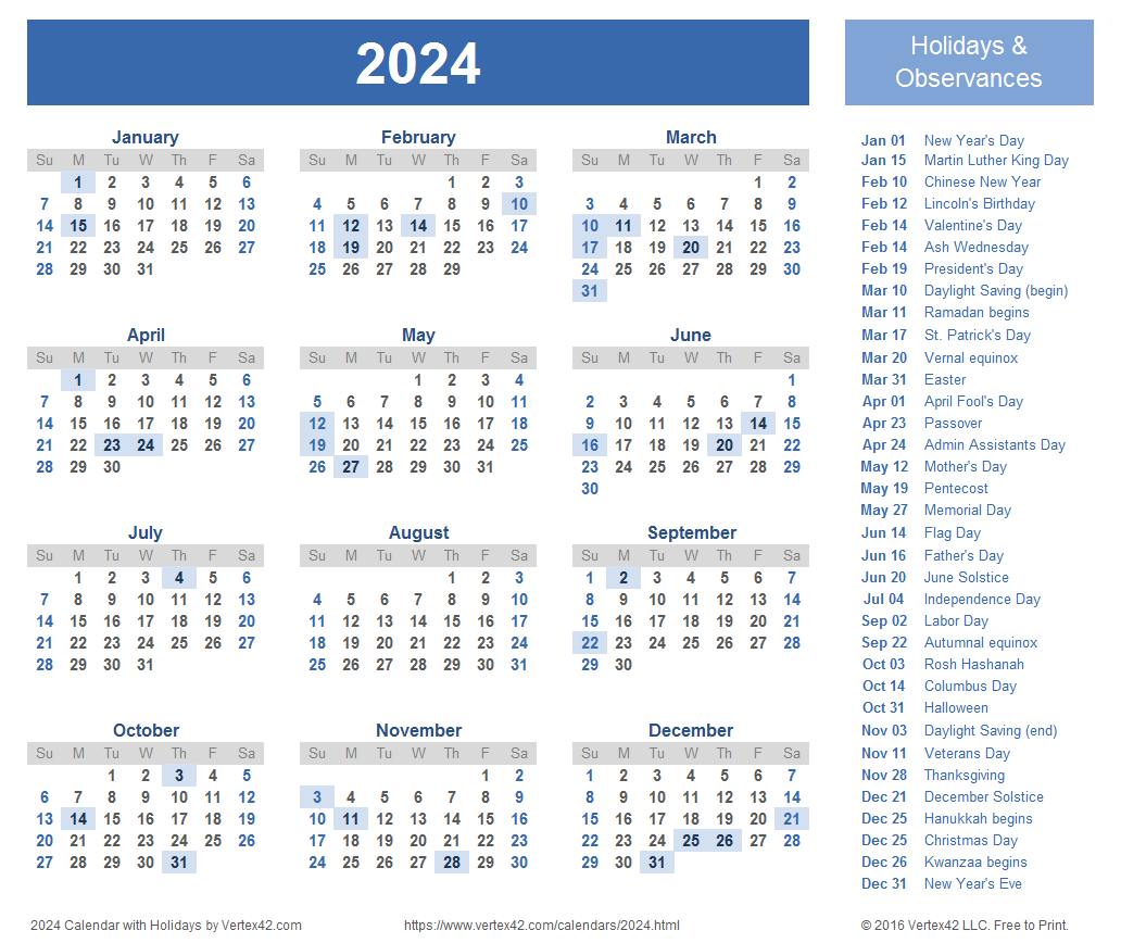 2024 Holiday Calendar 2024 Calendar Printable