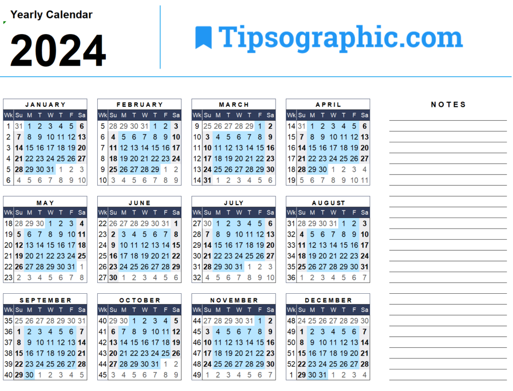 2024 Weekly Calendar Excel