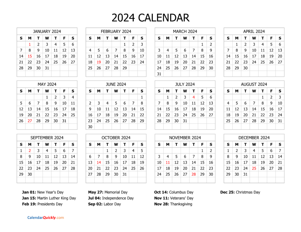 Free Printable 2024 Calendar With Holidays