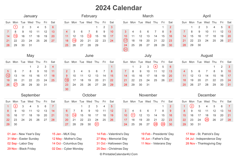 Printable Calendar 2024 With Holidays Usa