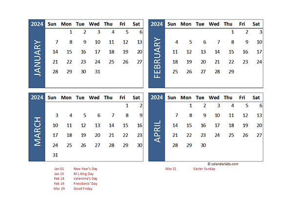 4 Month Calendar 2024