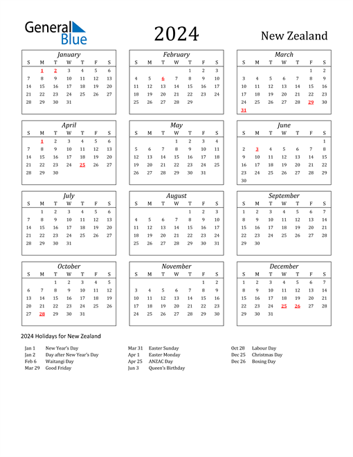 2024 New Zealand Calendar With Holidays 2024 Calendar Printable
