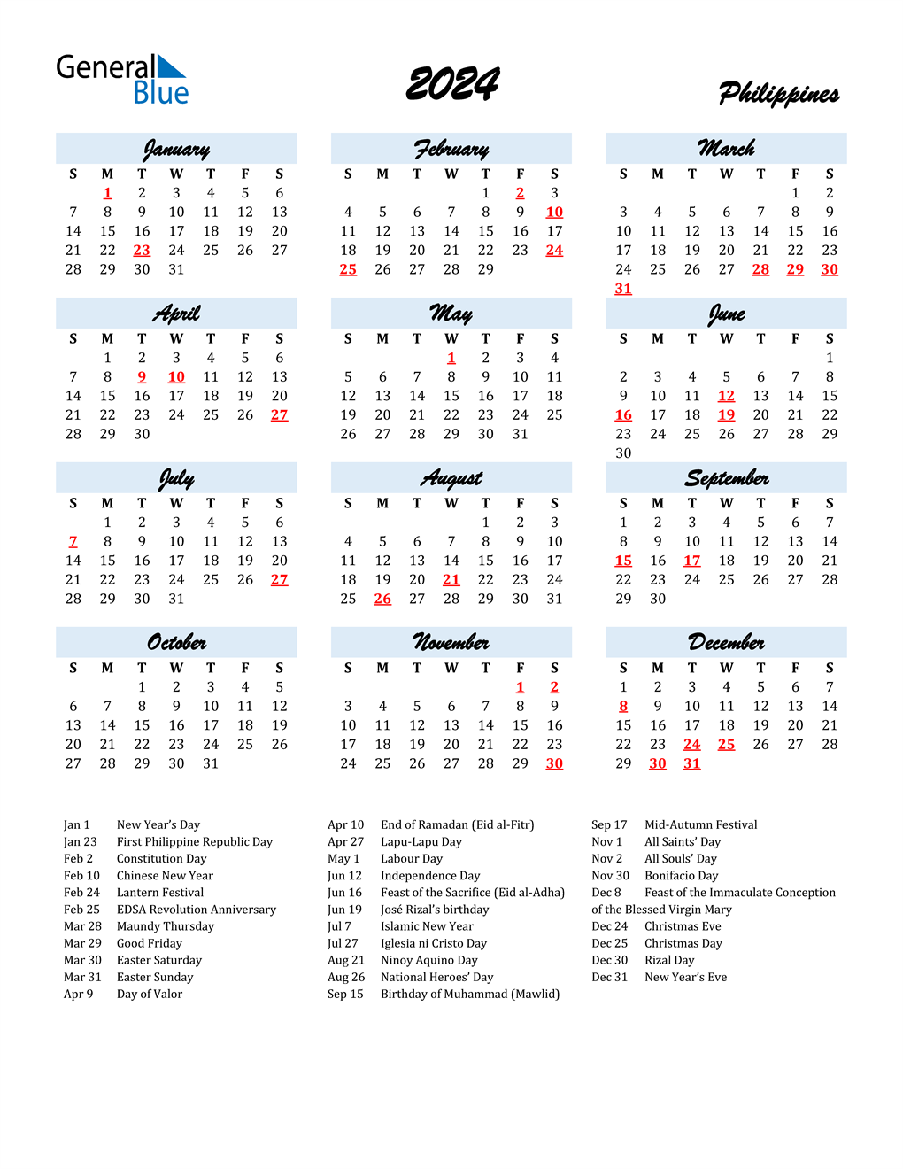 2024 Philippines Calendar With Holidays 2 