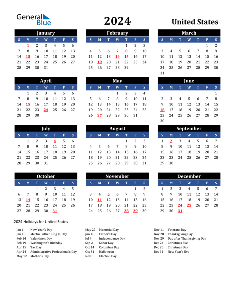 2024 Calendar With Us Holidays