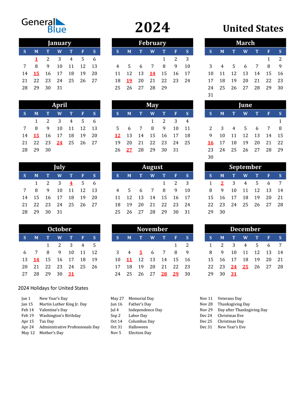 2024 Printable Calendar With Us Holidays 2024 Calendar Printable