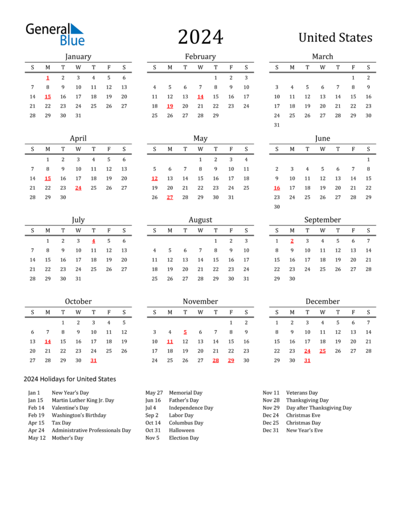 2021 Calendar 2024 Printable With Holidays