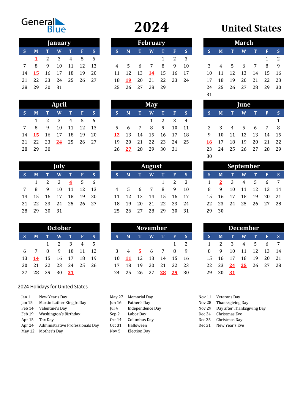 2024 Holiday Calendar Usa 2024 Calendar Printable