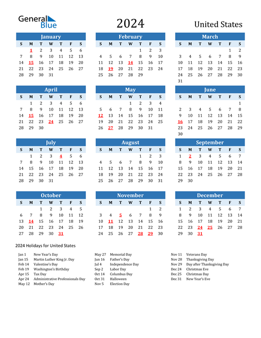 2024 Calendar With Holidays Usa