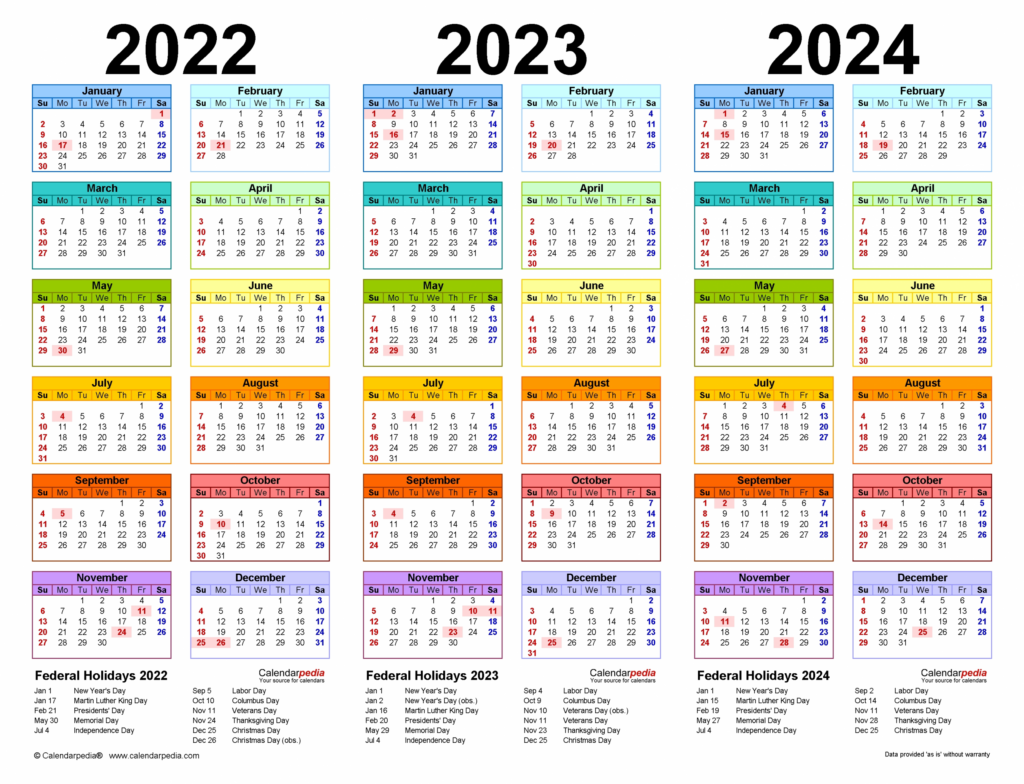 3 Year Calendar 2022 To 2024