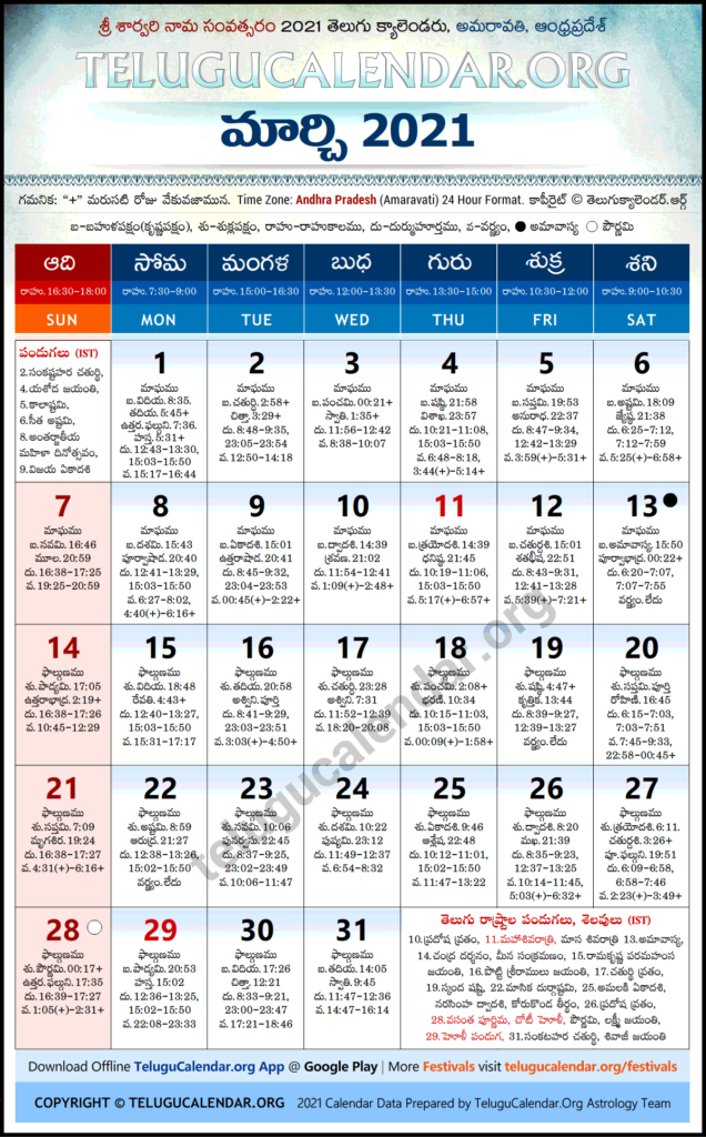 March 2024 Telugu Calendar