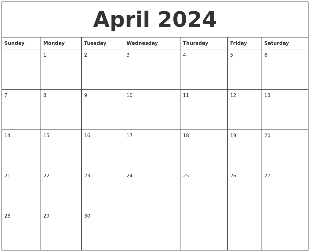 April Calendar 2024 Printable