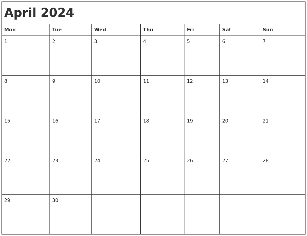 April Month Calendar 2024 2024 Calendar Printable