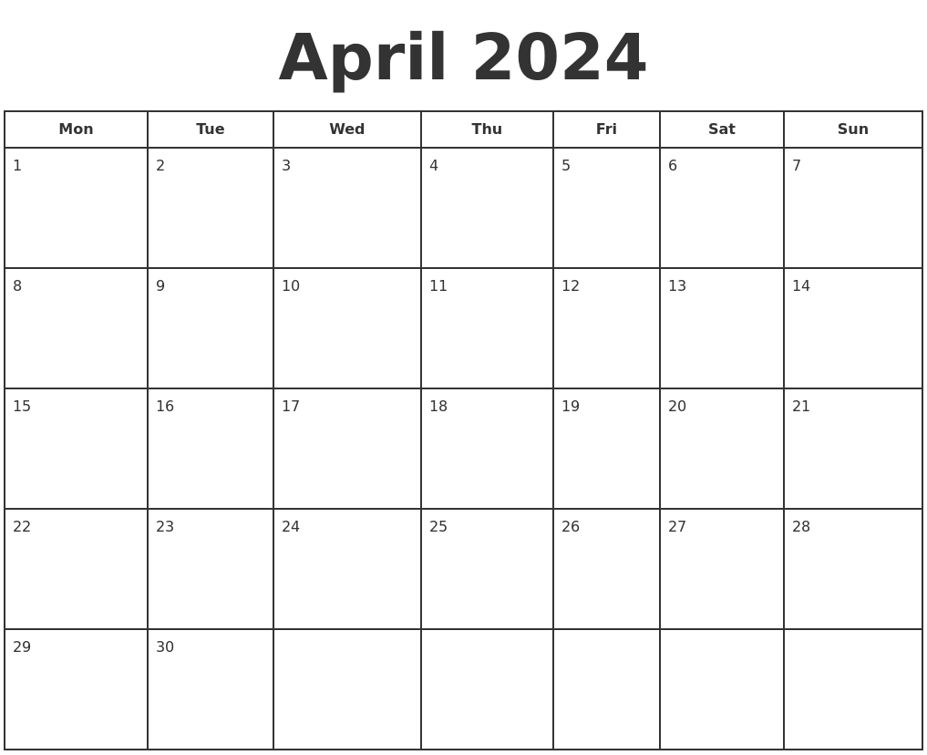 April Calendar 2024 Printable