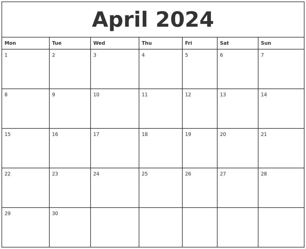 Monthly Calendar 2024 April