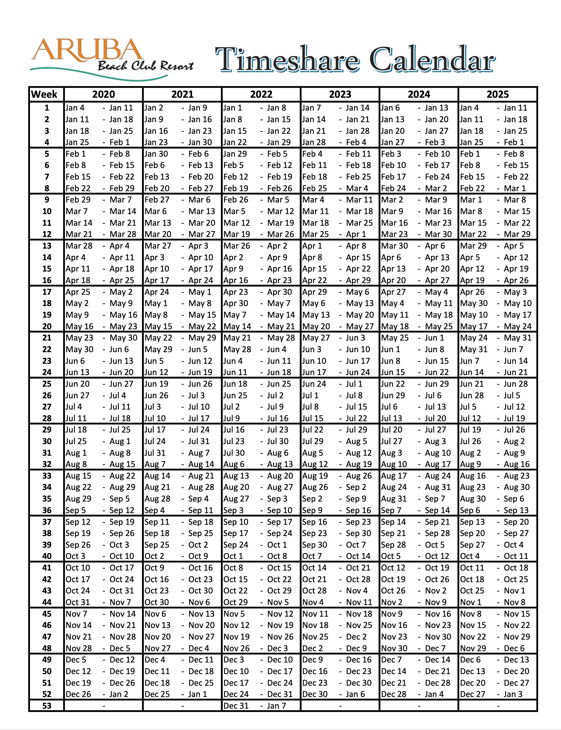 Timeshare 2025 Weeks Calendar Printable Templates Download - Ruby Willie