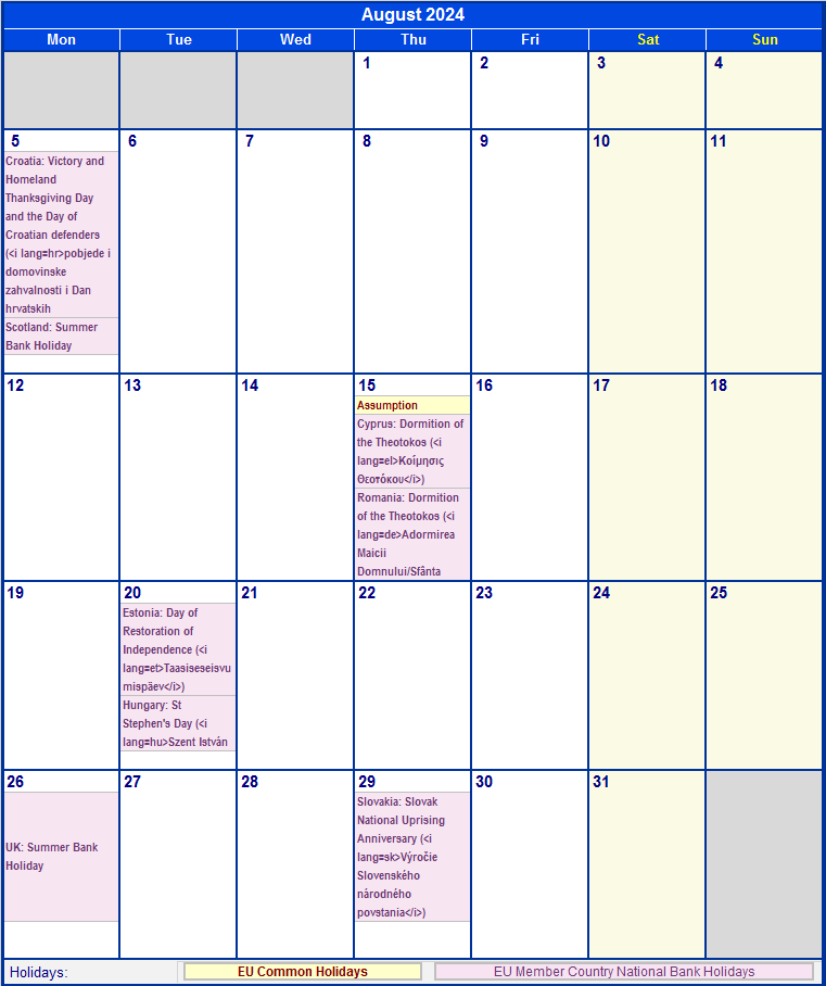 August 2024 Calendar With Holidays