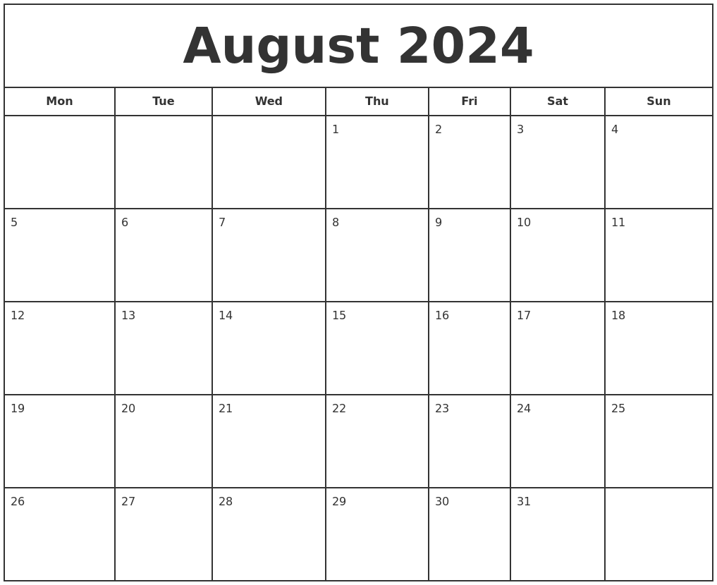 August Calendar 2024 Printable 2024 Calendar Printable