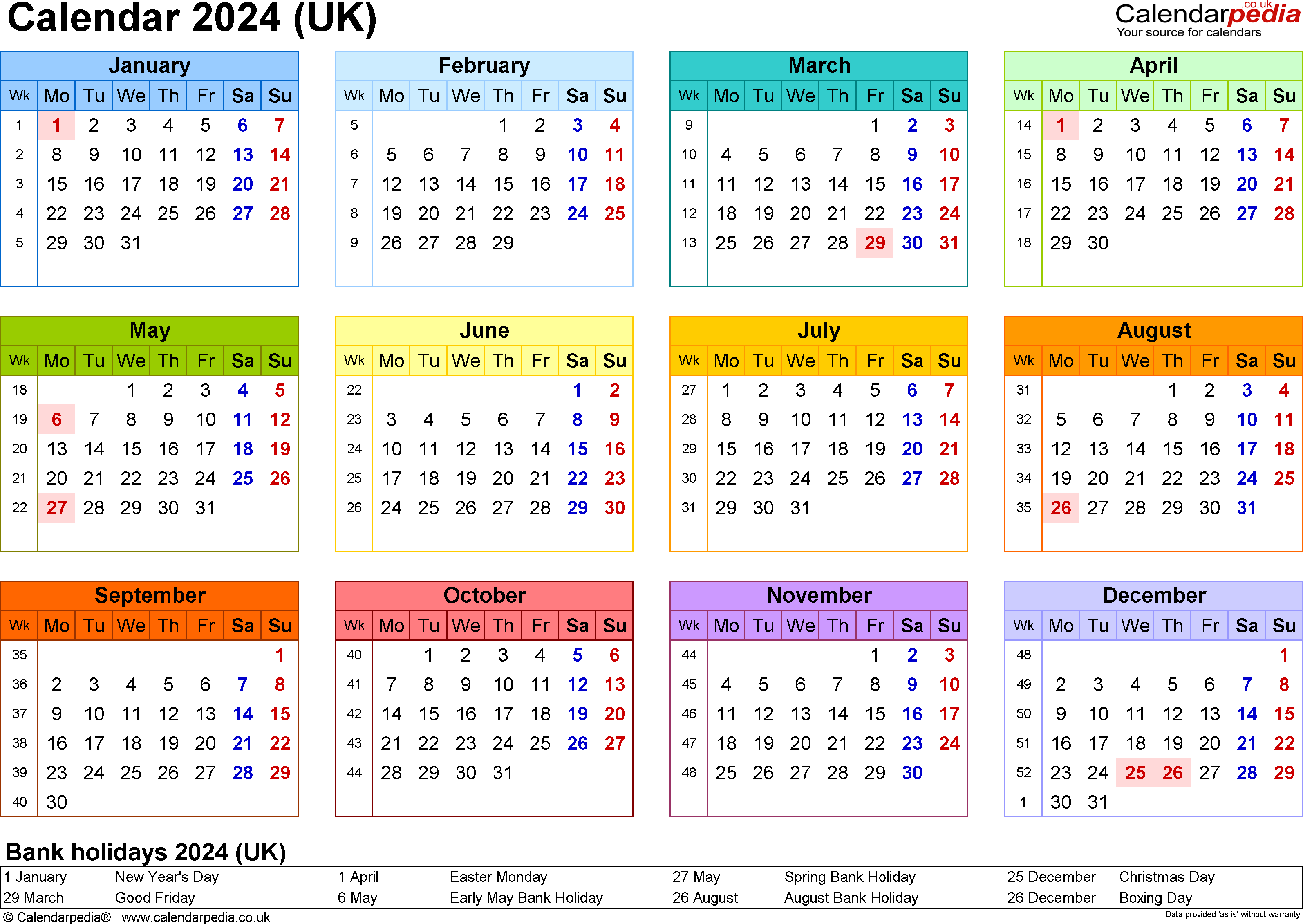 Printable Colour Calendar 2024