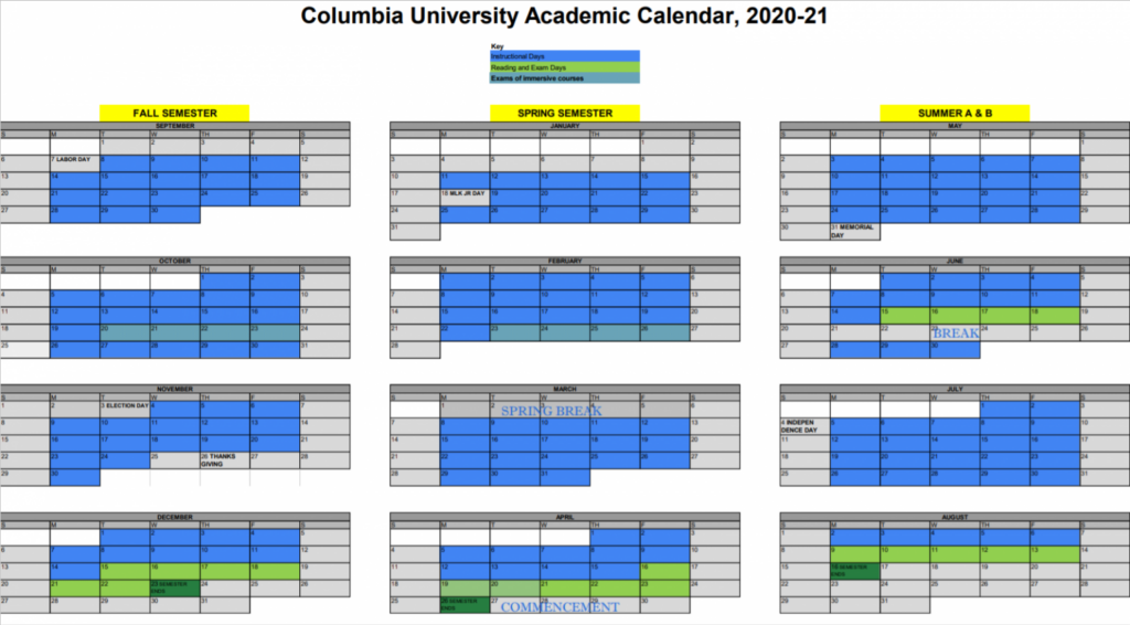 Columbia Academic Calendar 2024-25