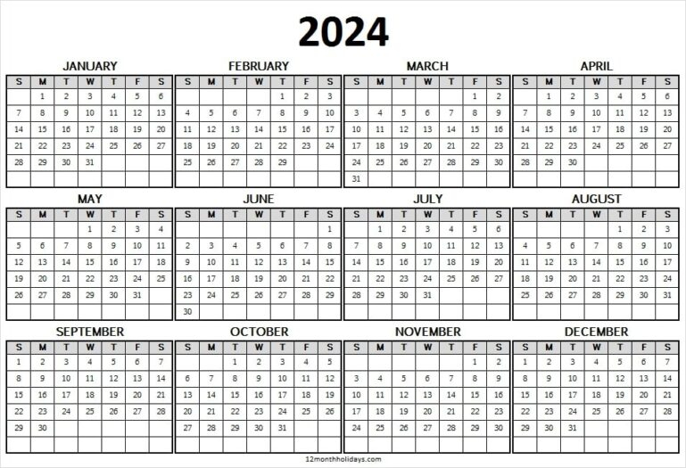 2024 Printable Calendar Full Year Calendar Grid Style 2024 Calendar