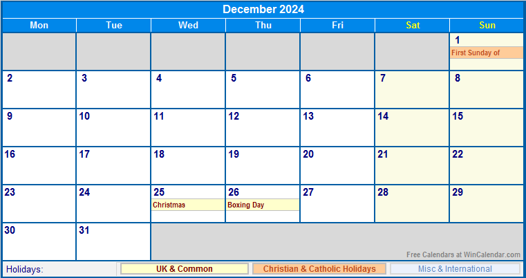 December 2024 Calendar With Holidays