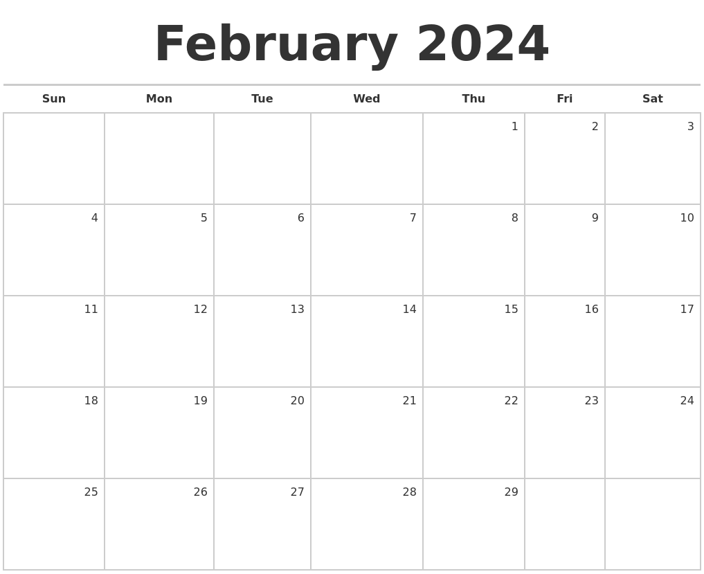 Printable Monthly Calendar February 2024