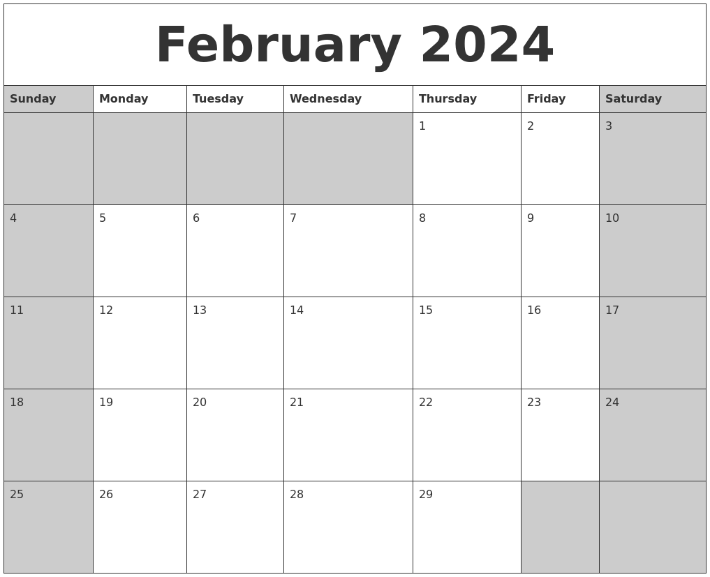 Calendar Feb 2024 Printable