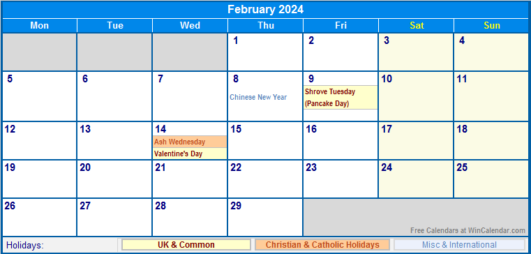 February Calendar 2024 With Holidays