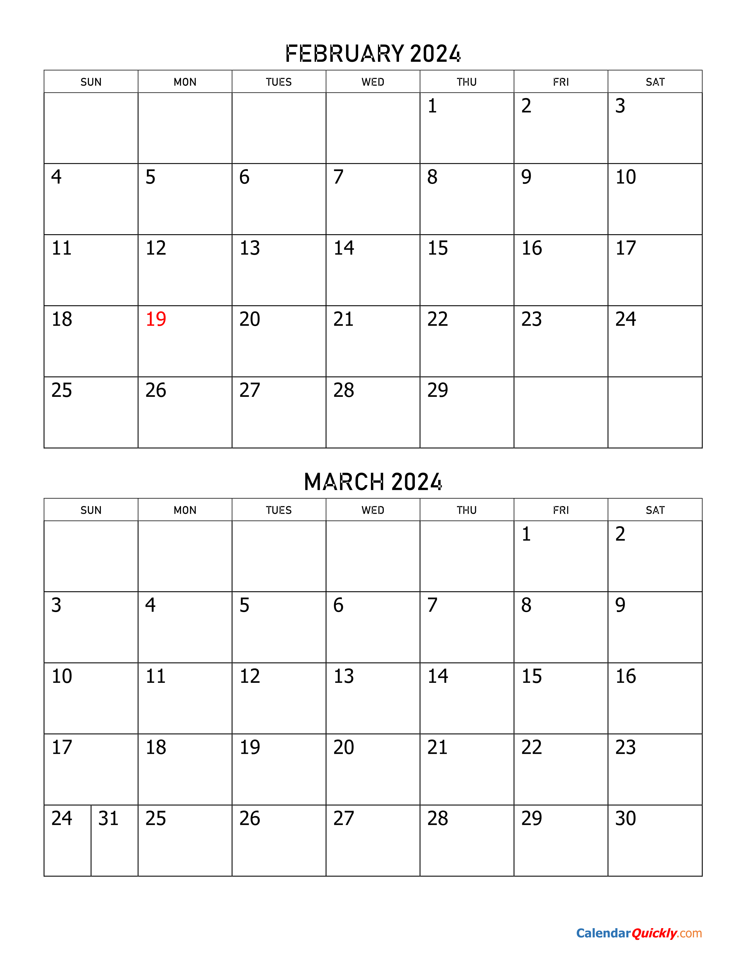 February And March 2024 Calendar 2024 Calendar Printable