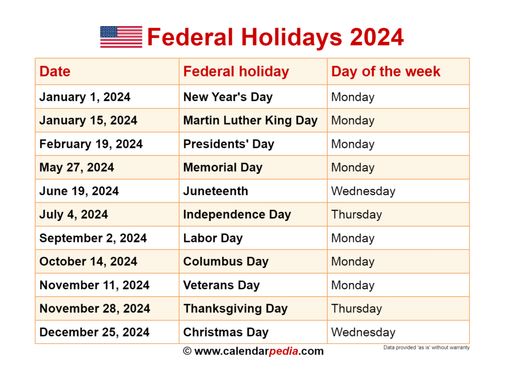 National Holidays Calendar 2024