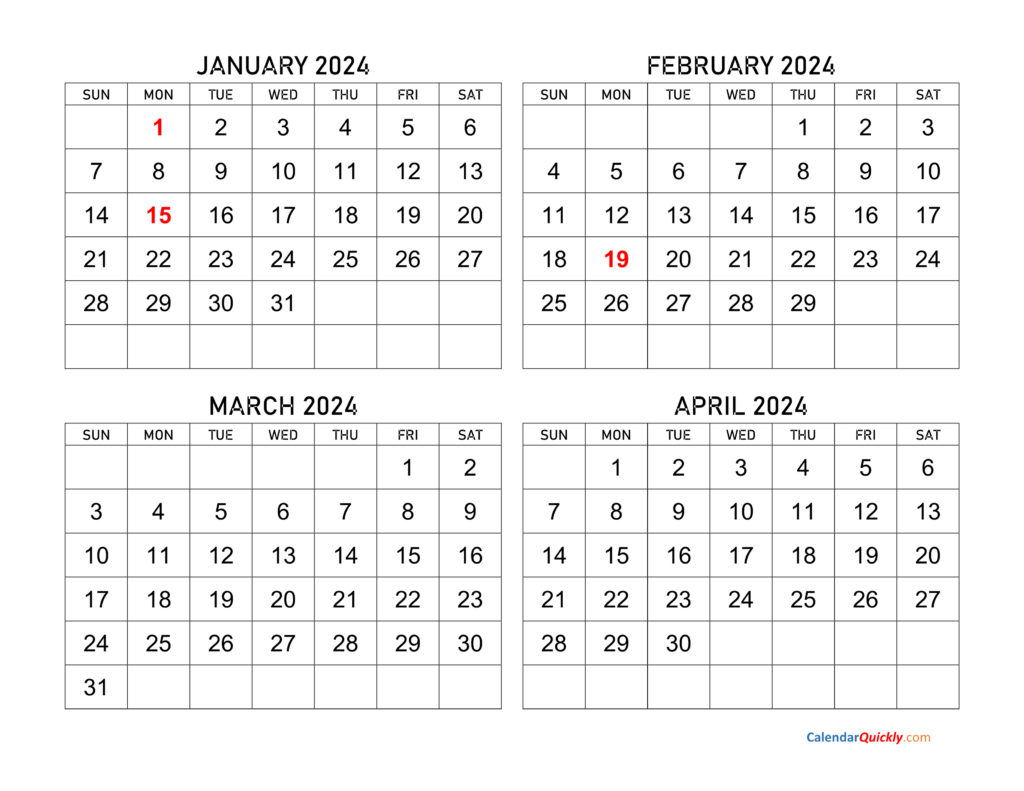 4 Month Calendar 2024