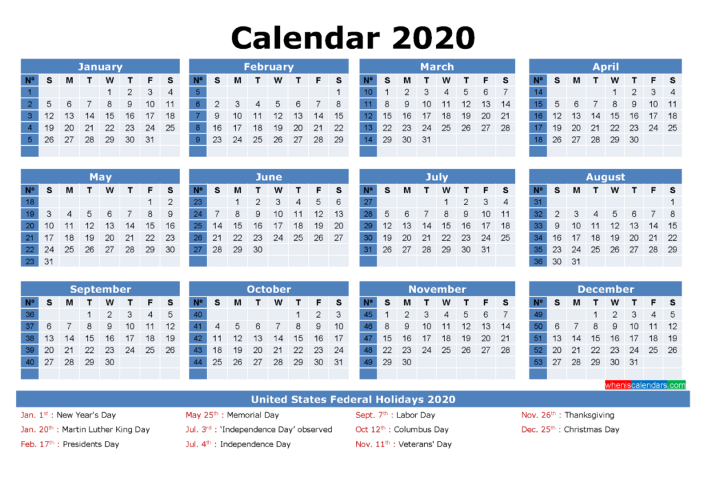 Monthly Calendar For 2020-2024