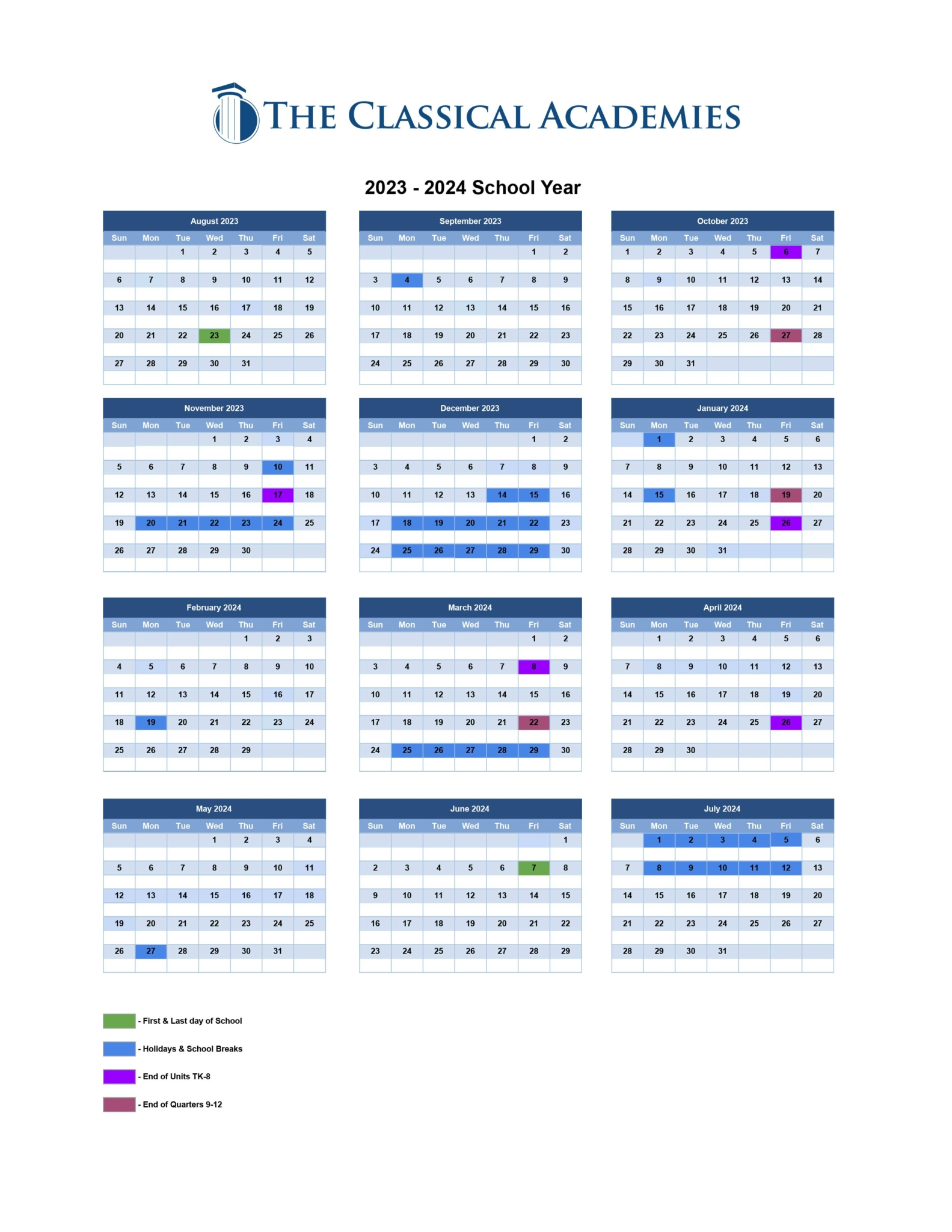 Instructional Calendar The Classical Academies 