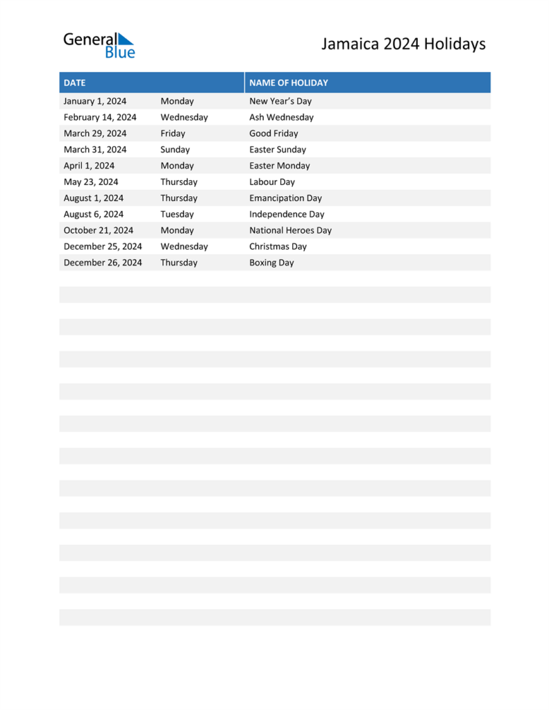 Jamaica 2024 Calendar