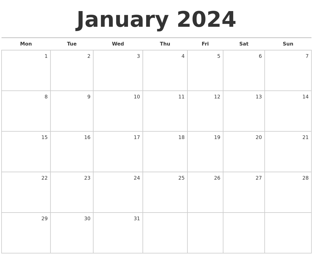 January 2024 Monthly Calendar