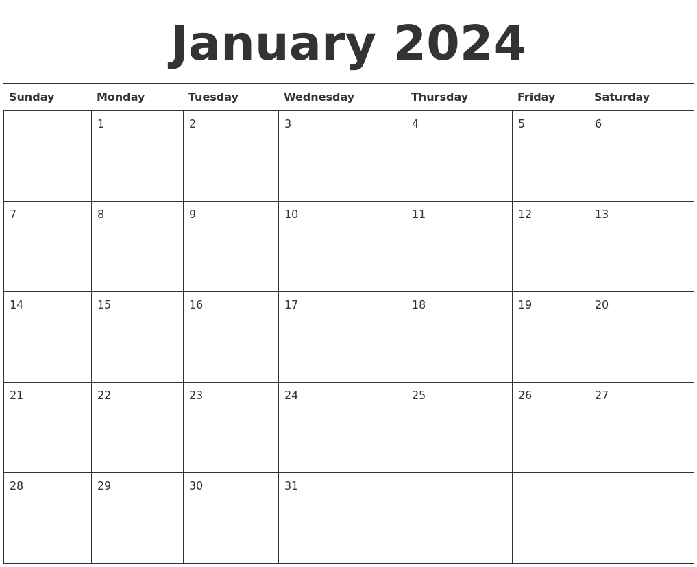 Blank Calendar January 2024 Printable