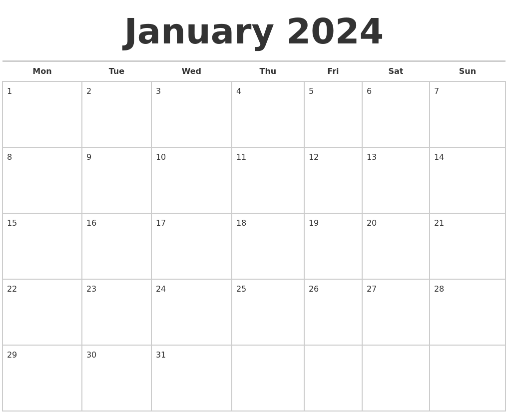 January 2024 Editable Calendar