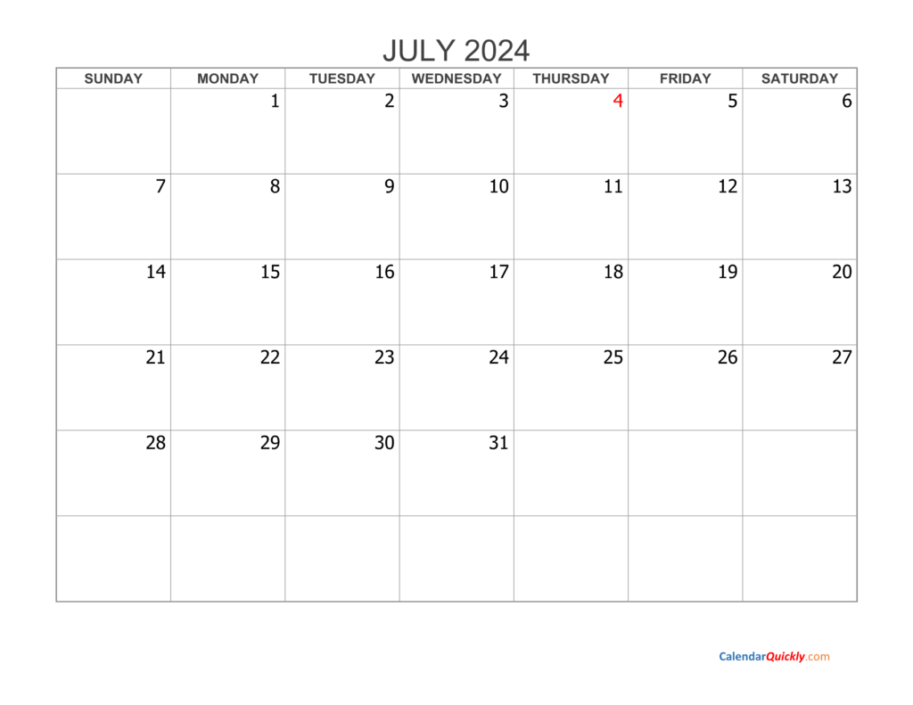 Blank July Calendar 2024