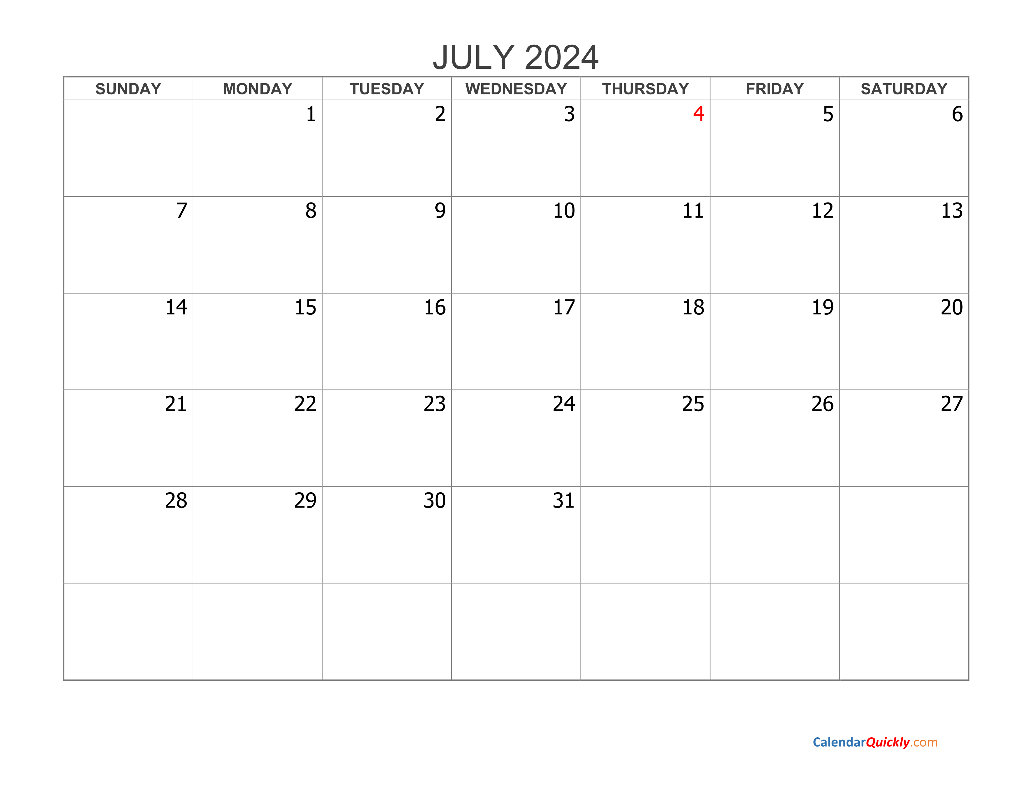 July 2024 Calendar Blank 2024 Calendar Printable