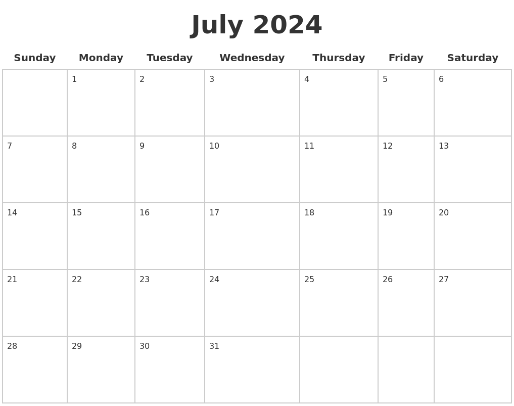 Blank July Calendar 2024